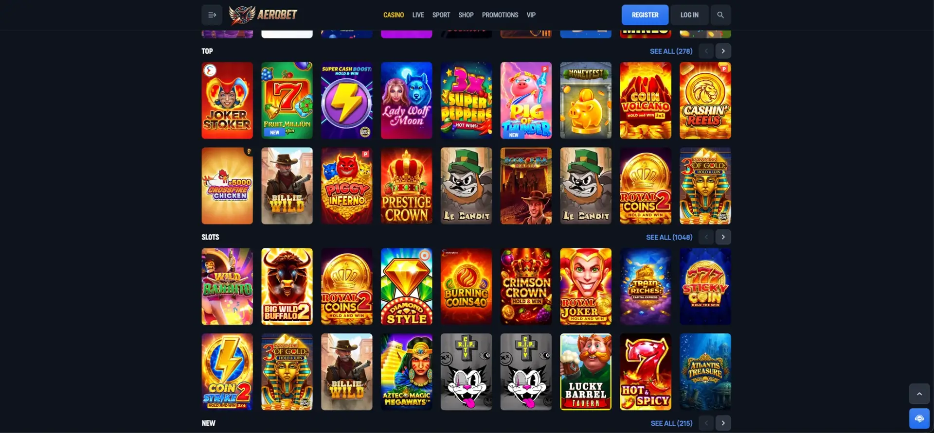 Aerobet online pokies and casino slots lobby