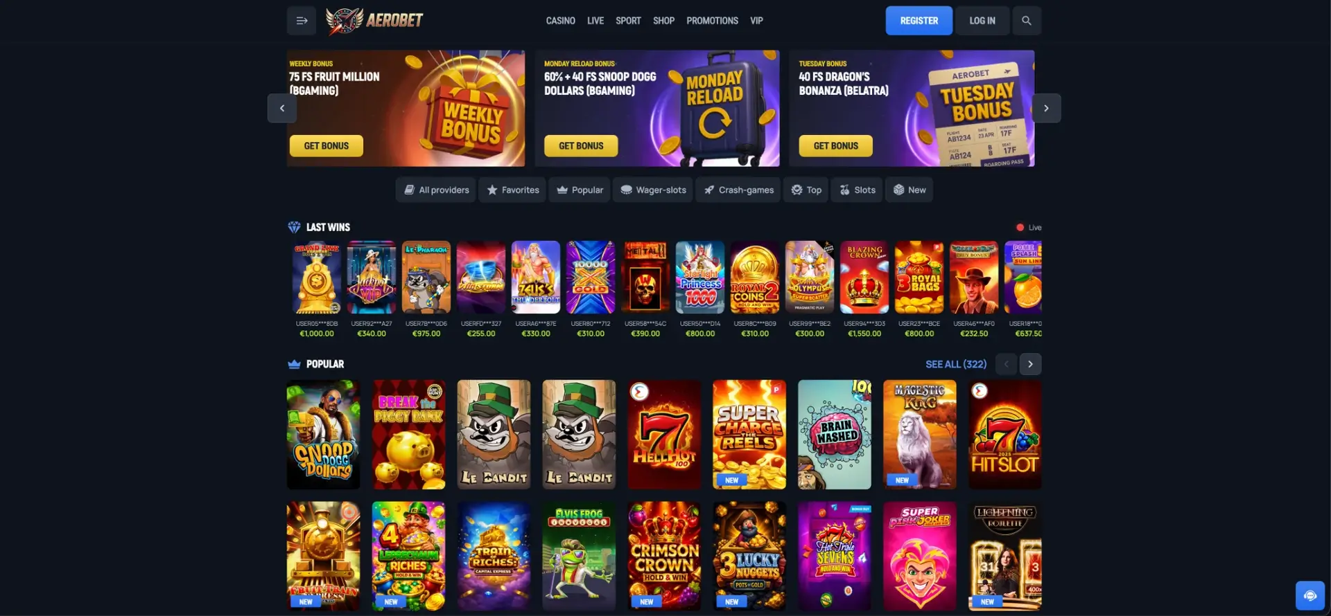 Aerobet casino homepage and navigation