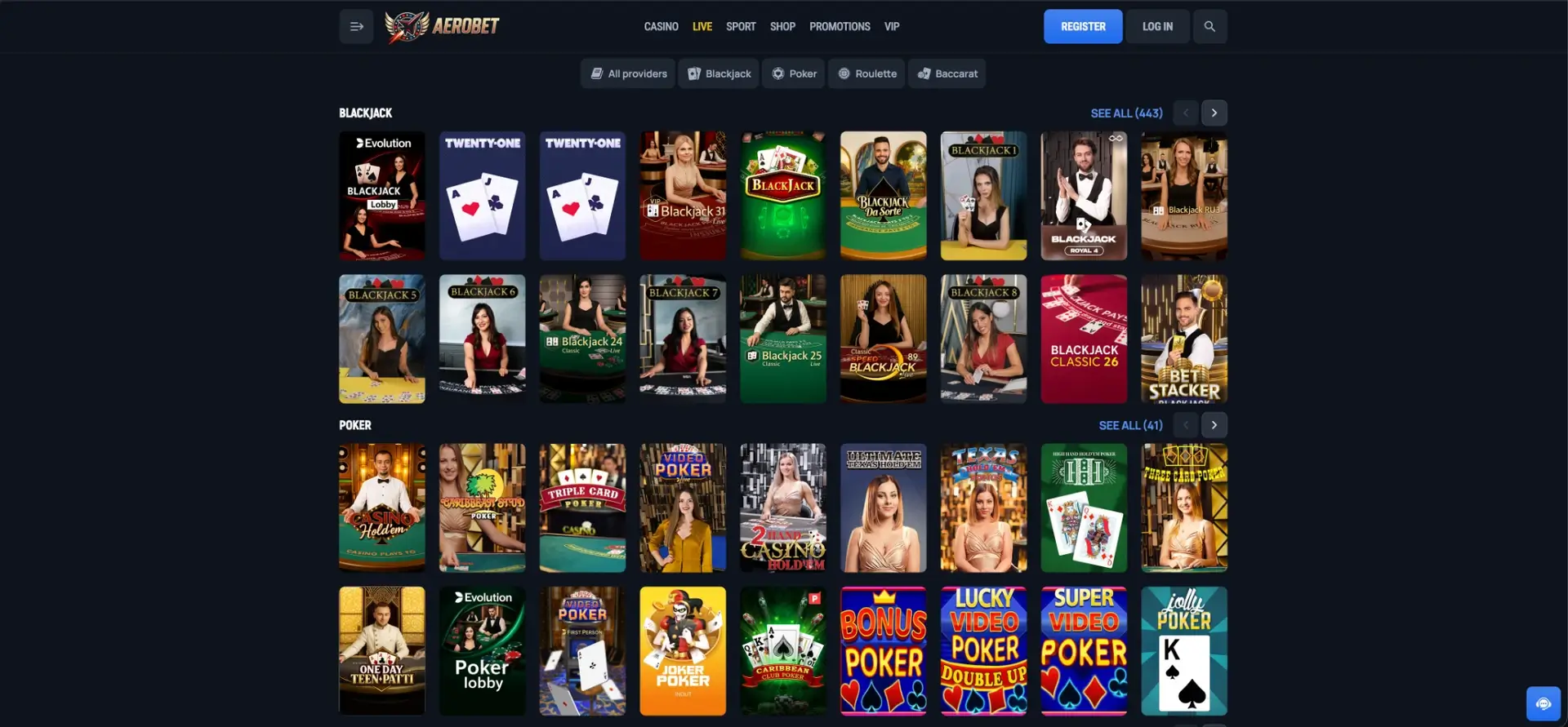 Aerobet live casino tables and games