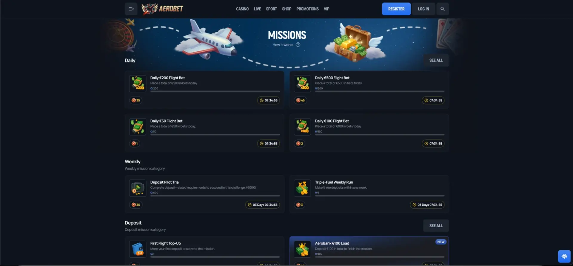 Aerobet missions and loyalty challenges