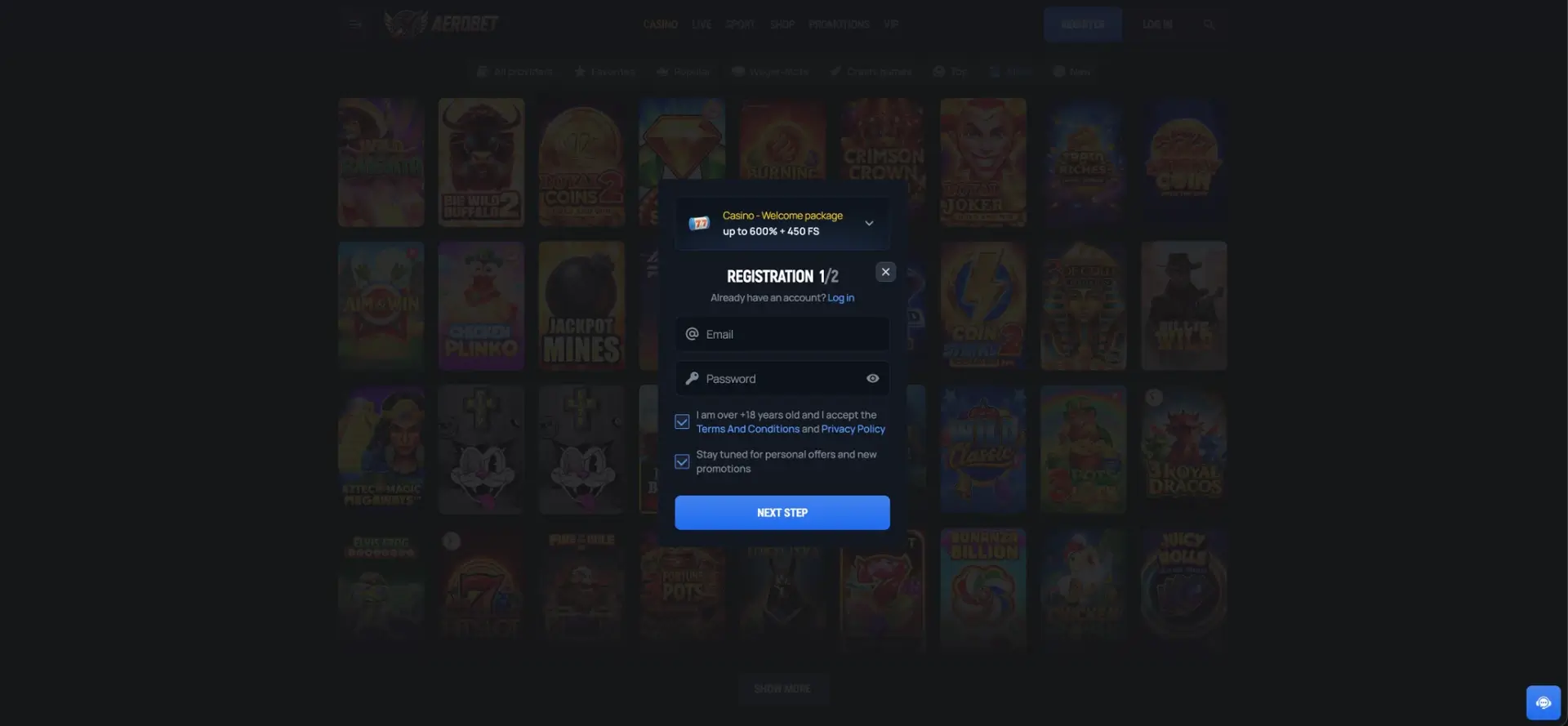 Aerobet casino registration form