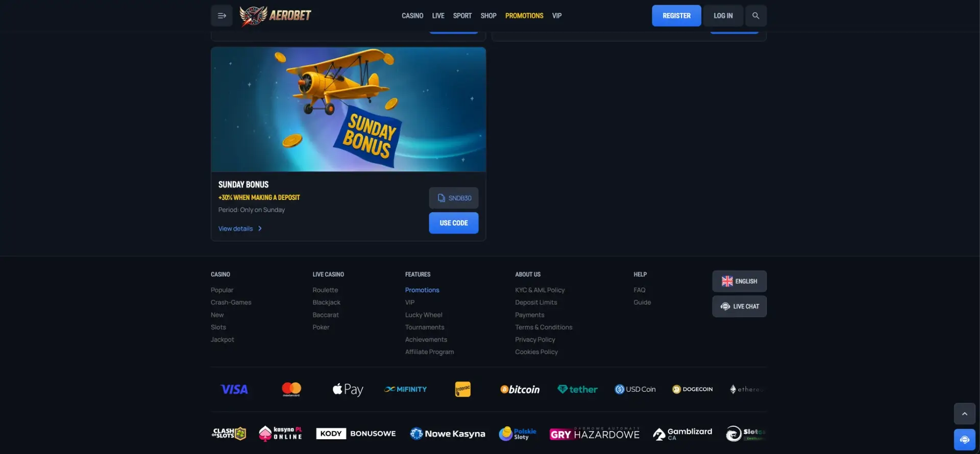 Aerobet Sunday deposit bonus