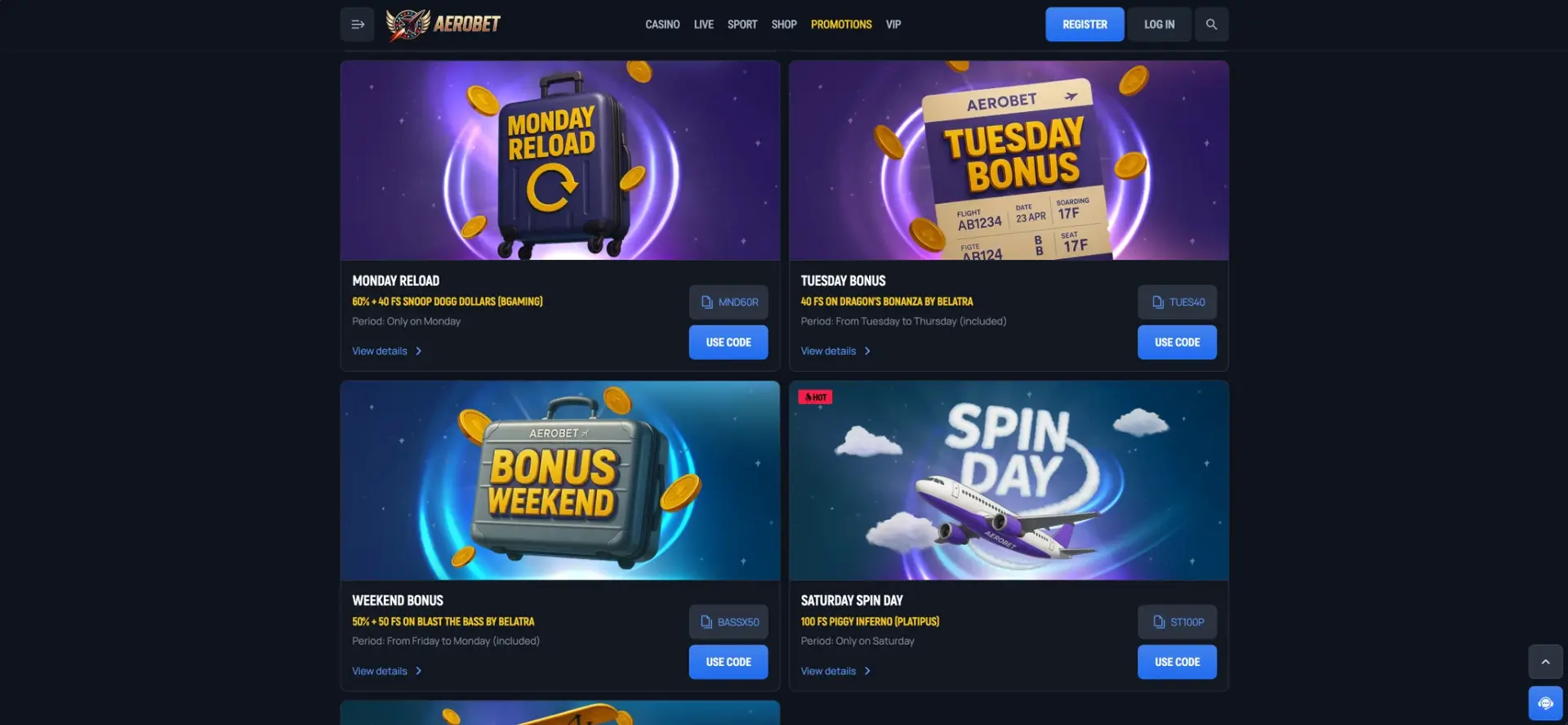 Aerobet weekly promotions calendar